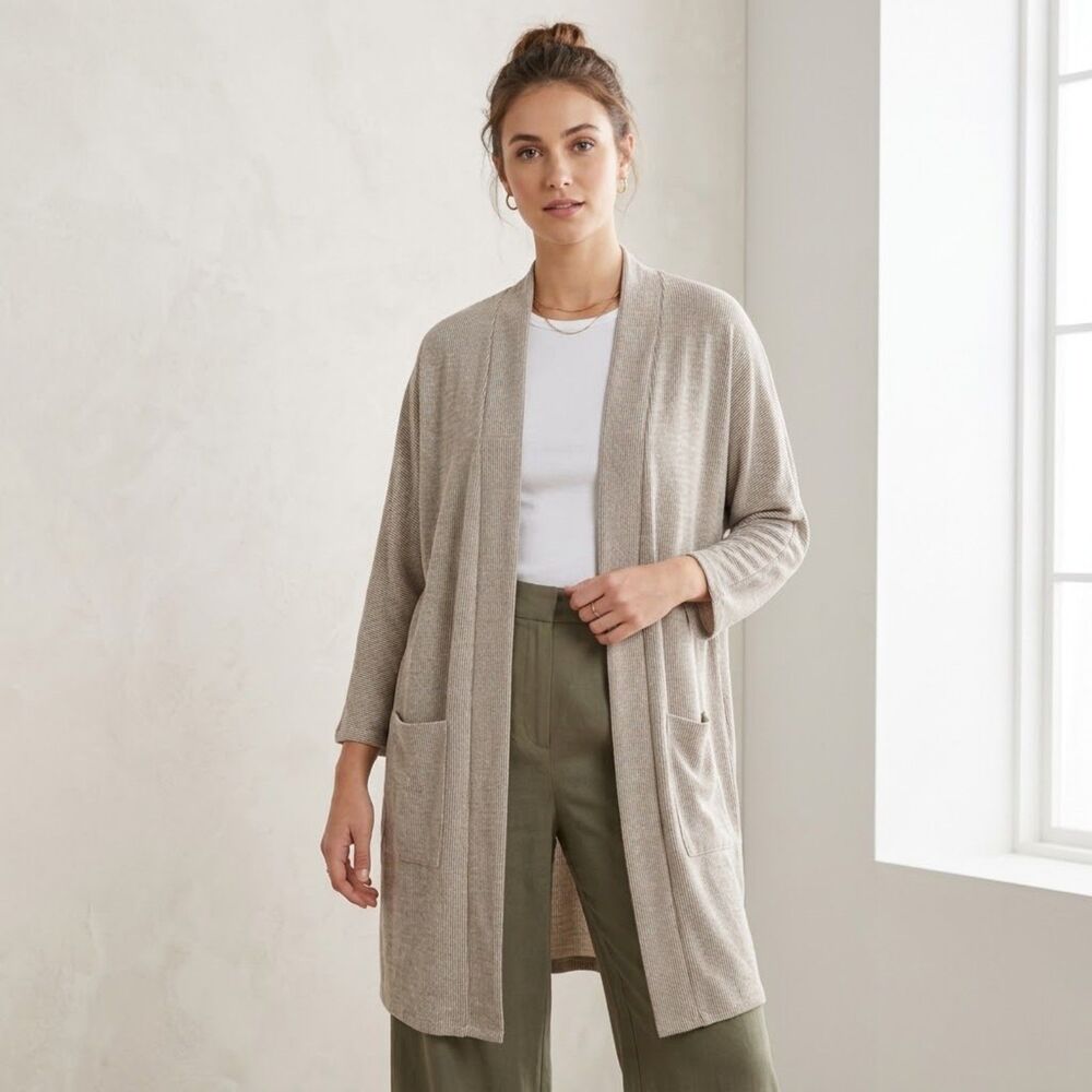 Donni Anthropologie Grey/White Striped Duster Jacket One Size Cozy Pockets